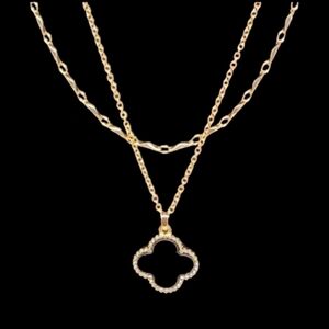 Gold Double Chain Necklace with Black Clover Pendant